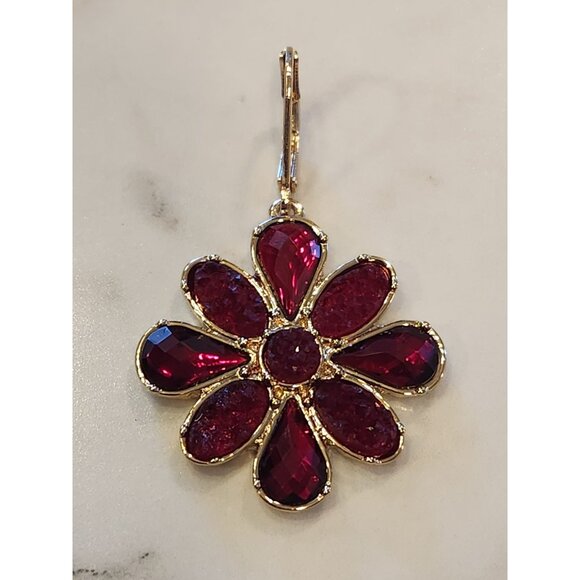 Chaps Gold-Tone Red Gemstone Flower Drop Earrings - Picture 4 of 5